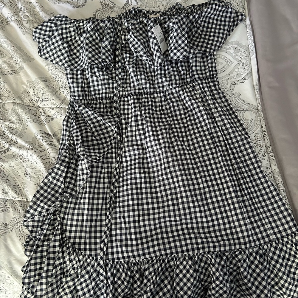 Black and White Gingham Off-Shoulder Dress JCrew